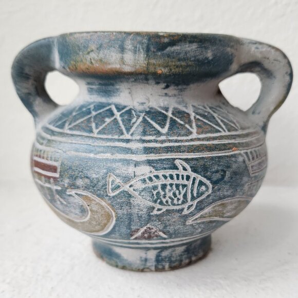 Mediterranean Boats & Fish Motif Pottery Jar: Greek Style Double Handle Vase - Picture 1 of 13